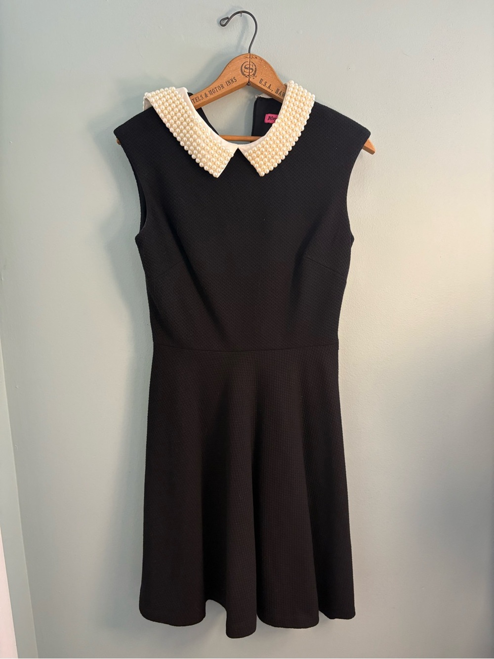 Betsey Johnson Black Sleeveless Fit-and-Flare Dress with Pearl Collar